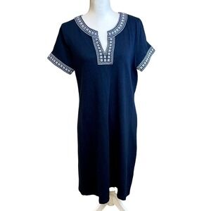 TALBOTS Navy Blue Tunic Embroidered Dress Sz L Short Sleeve Casual Knit Preppy‎